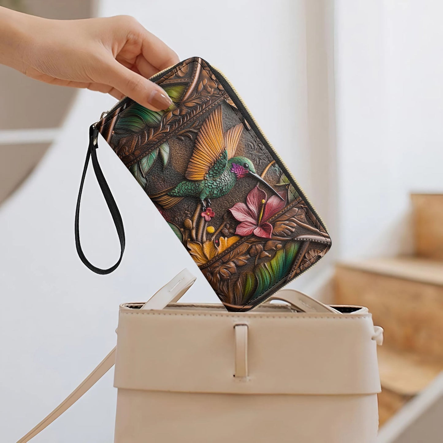  Leather Clutch Purse With Wristlet Strap Handle Embossed Hummingbird