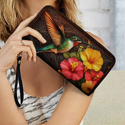  Leather Clutch Purse With Wristlet Strap Handle Tropical Hummingbird