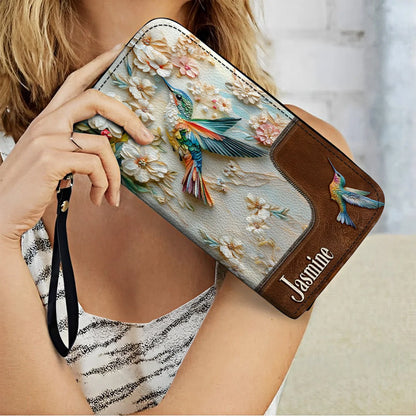  Leather Clutch Purse With Wristlet Strap Handle Personalized Wings of Bloom