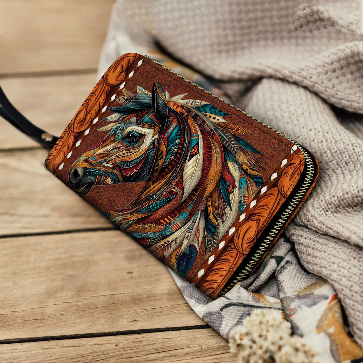  Leather Clutch Purse With Wristlet Strap Handle Tribal Horse Majesty