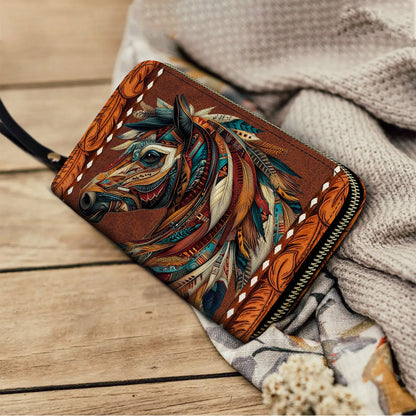  Leather Clutch Purse With Wristlet Strap Handle Tribal Horse Majesty