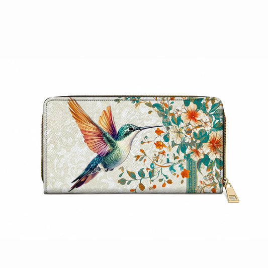  Leather Clutch Purse With Wristlet Strap Handle Hummingbird Harmony