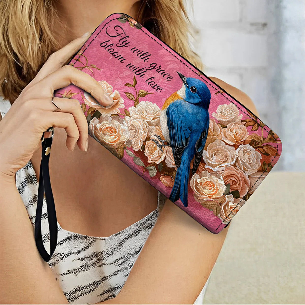  Leather Clutch Purse With Wristlet Strap Handle Bluebird Elegance