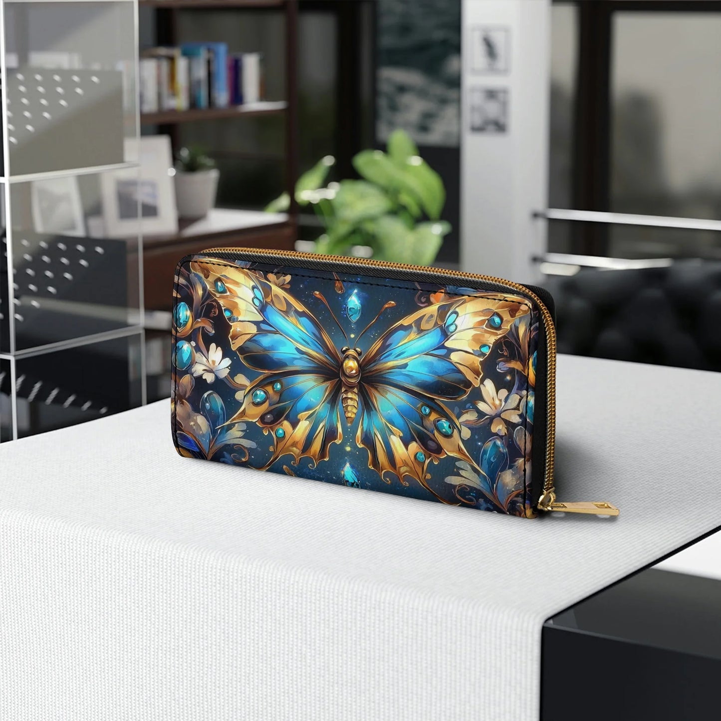  Leather Clutch Purse With Wristlet Strap Handle Butterfly Ethereal Radiance