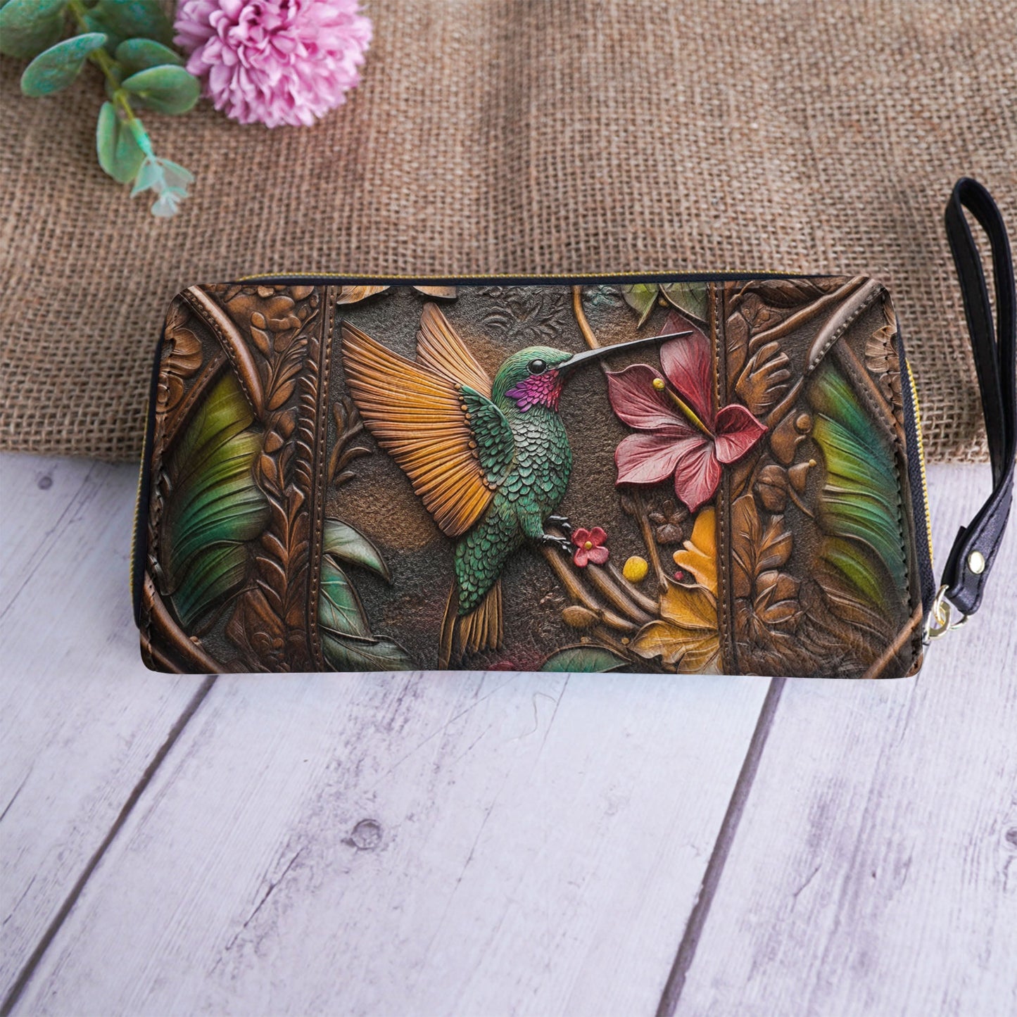  Leather Clutch Purse With Wristlet Strap Handle Embossed Hummingbird