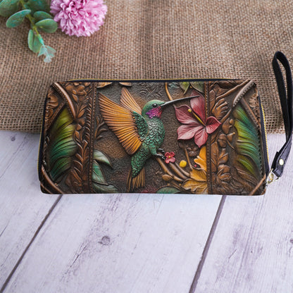  Leather Clutch Purse With Wristlet Strap Handle Embossed Hummingbird