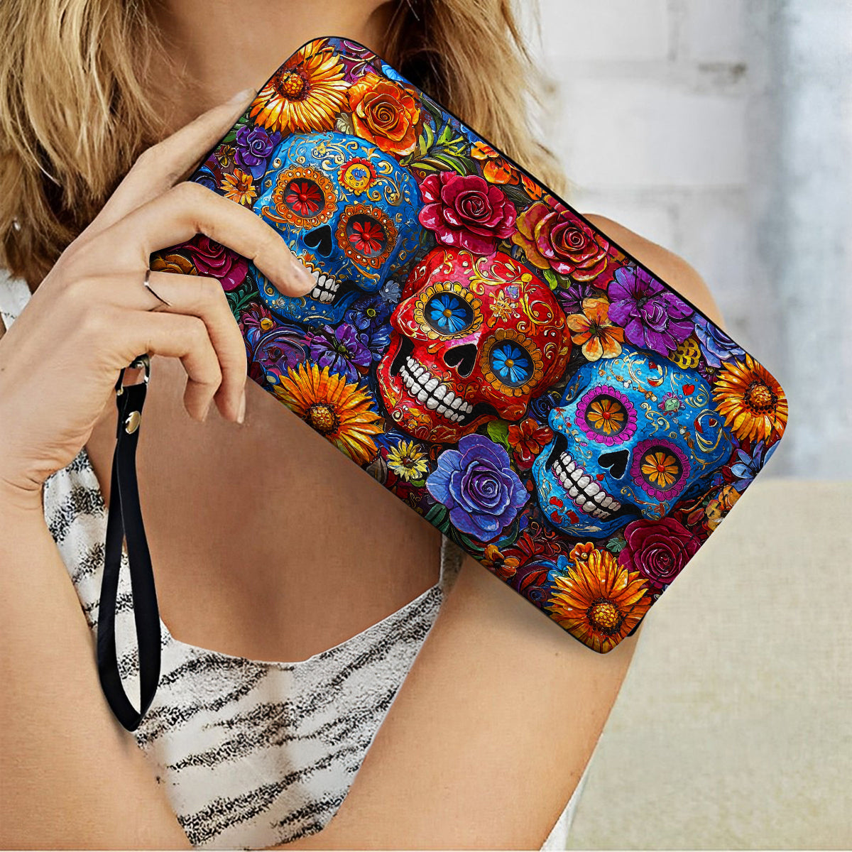  Leather Clutch Purse With Wristlet Strap Handle Vibrant Sugar Skull