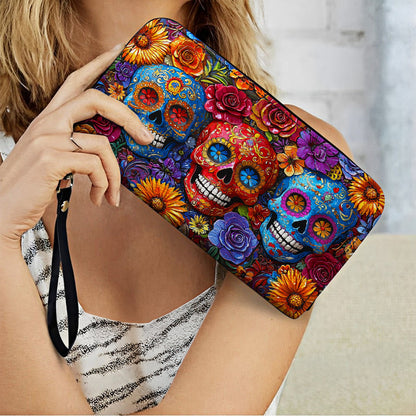  Leather Clutch Purse With Wristlet Strap Handle Vibrant Sugar Skull