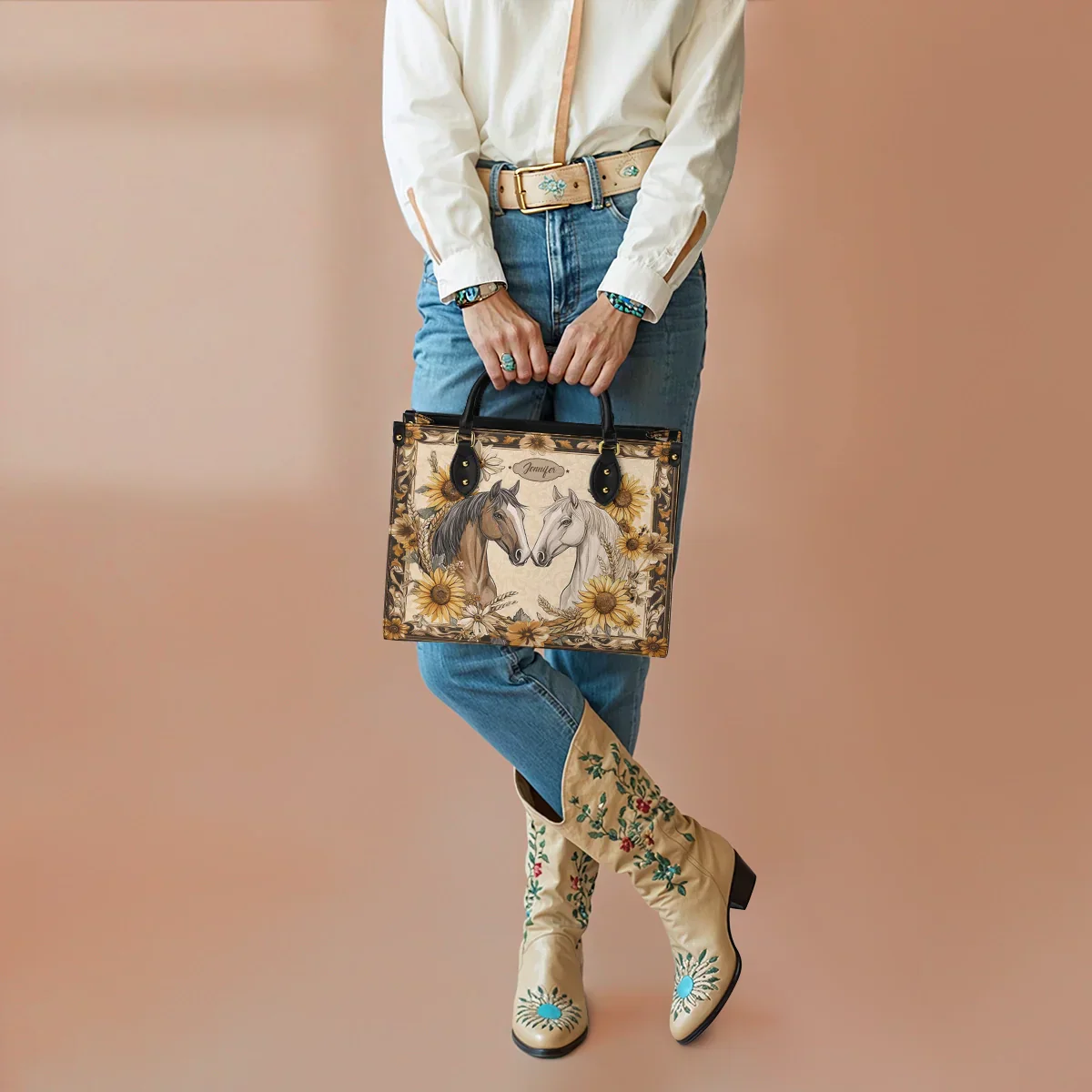  Personalized Golden Horse Harmony Leather Bag