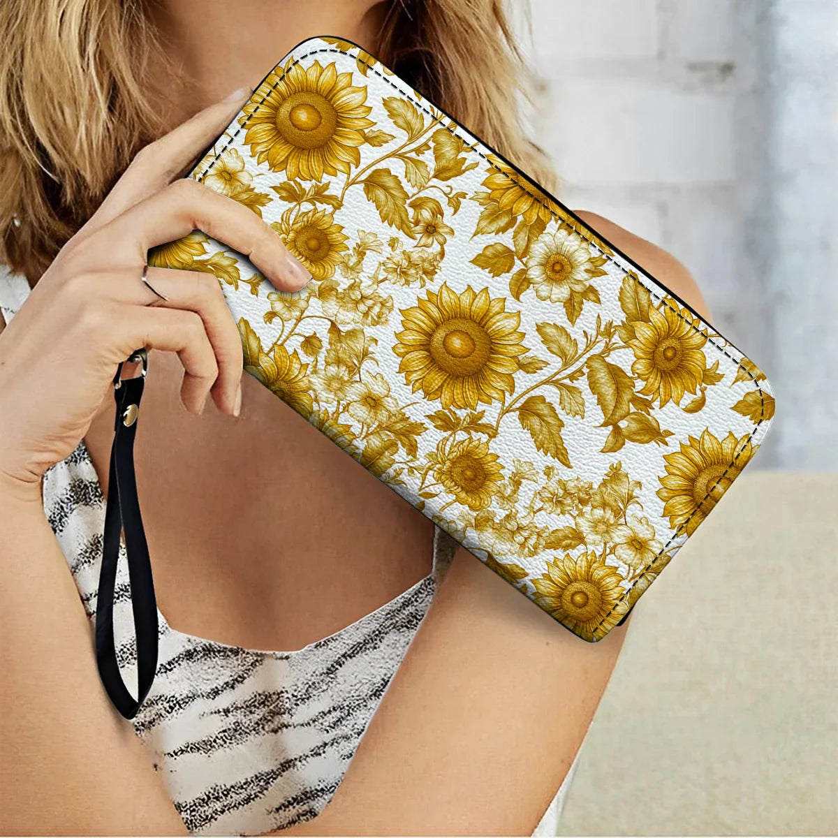  Leather Clutch Purse With Wristlet Strap Handle Golden Sunflower Bloom
