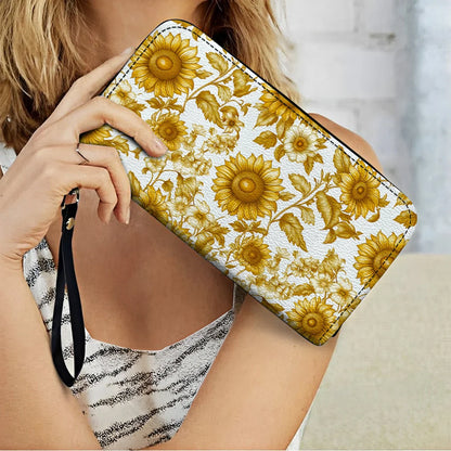  Leather Clutch Purse With Wristlet Strap Handle Golden Sunflower Bloom