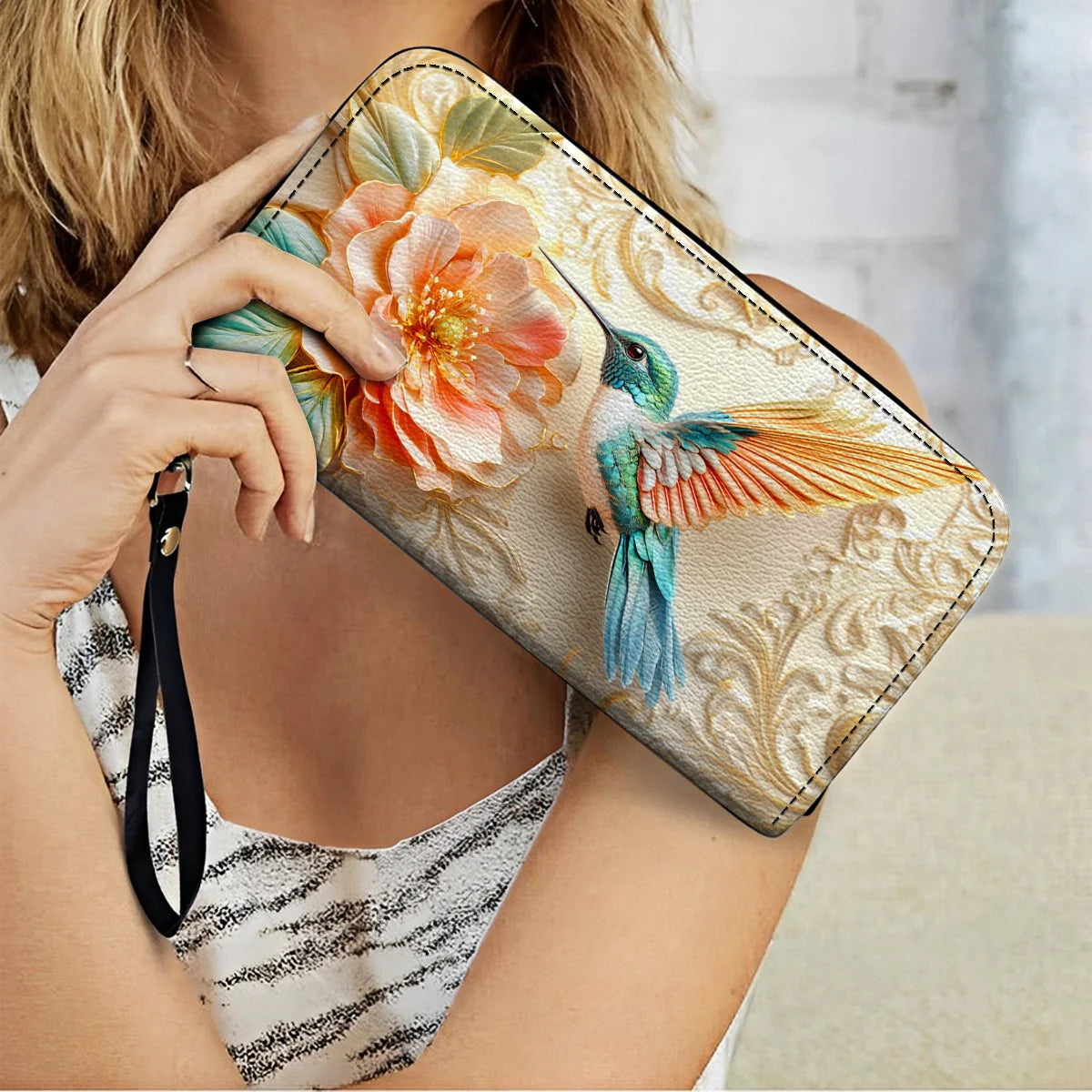  Leather Clutch Purse With Wristlet Strap Handle Golden Bloom Hummingbird