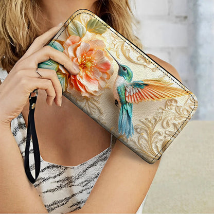  Leather Clutch Purse With Wristlet Strap Handle Golden Bloom Hummingbird