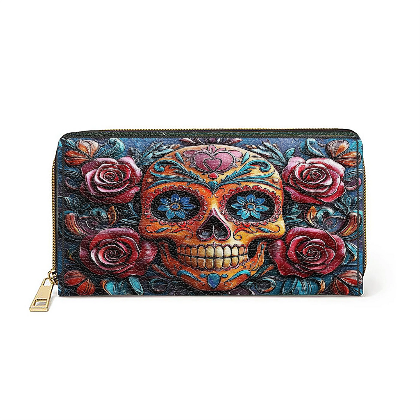  Leather Clutch Purse With Wristlet Strap Handle Vivid Skull and Roses