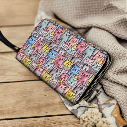  Leather Clutch Purse With Wristlet Strap Handle Cat 3D