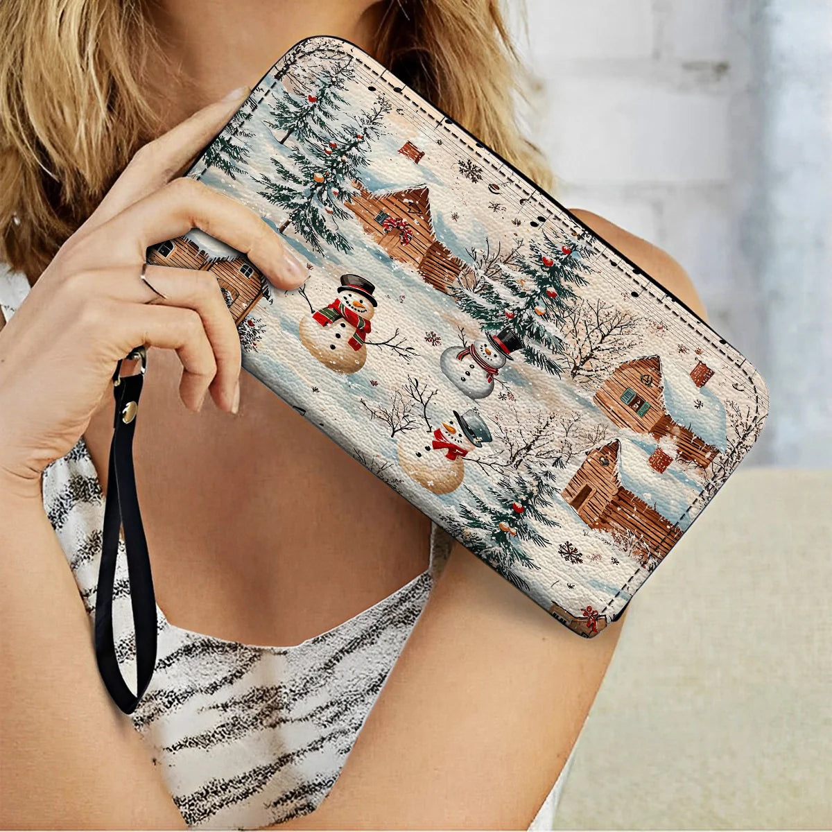  Leather Clutch Purse With Wristlet Strap Handle Snow Melody