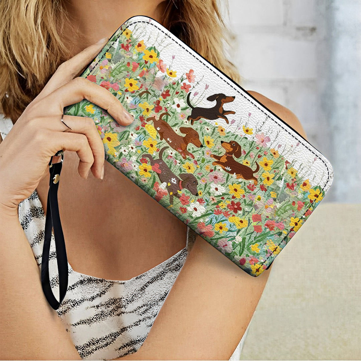  Leather Clutch Purse With Wristlet Strap Handle Traditional Flower Garden