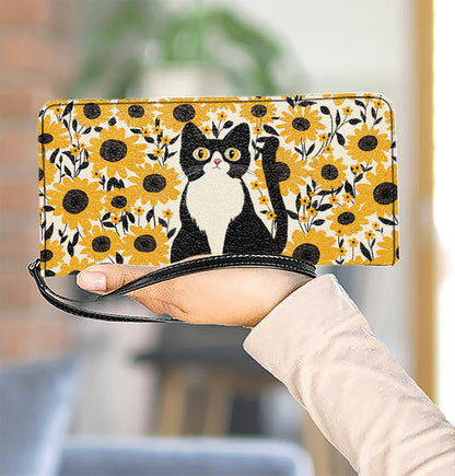 Leather Clutch Purse With Wristlet Strap Handle Leather Bag Cat In Sunflower Garden
