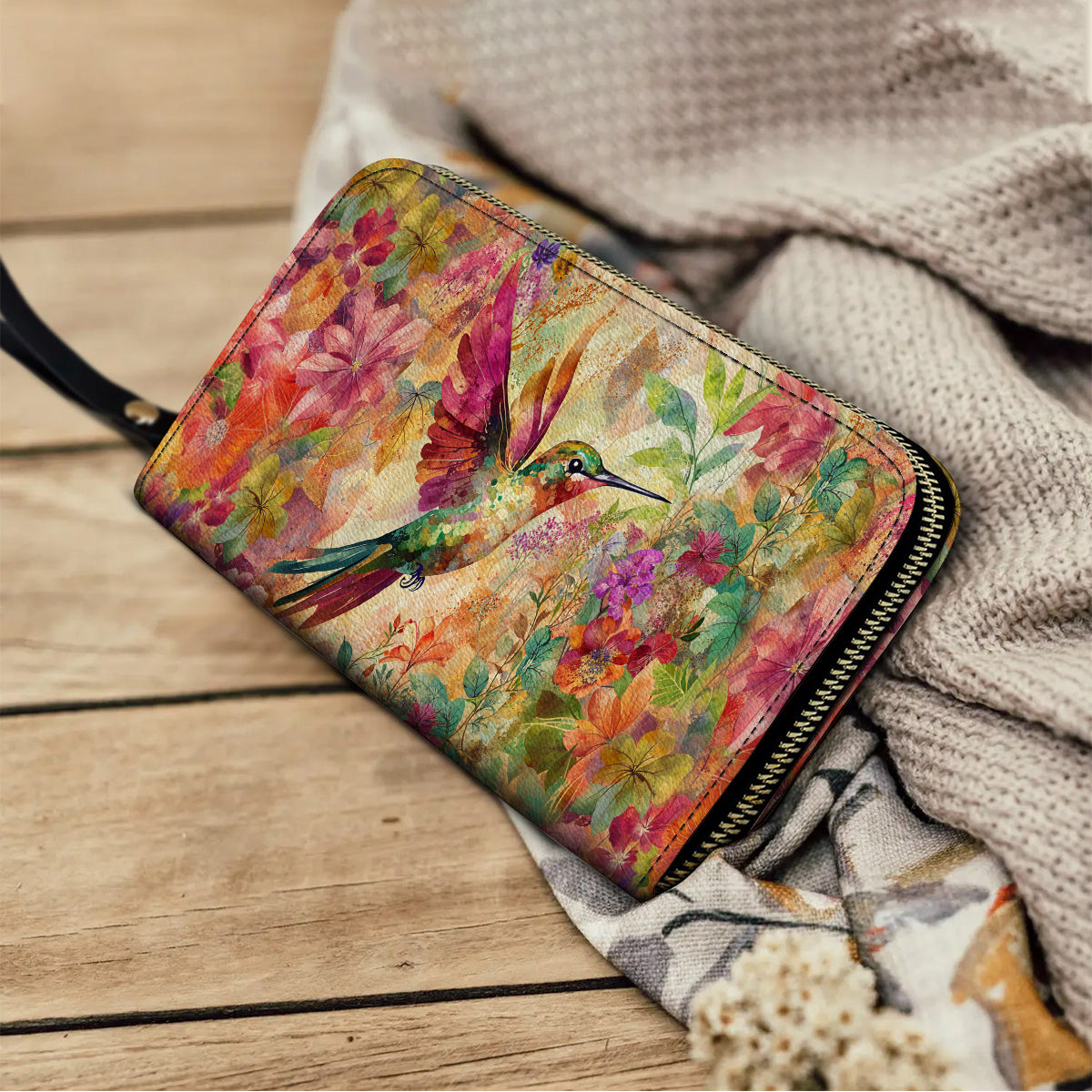  Leather Clutch Purse With Wristlet Strap Handle Hummingbird Bliss