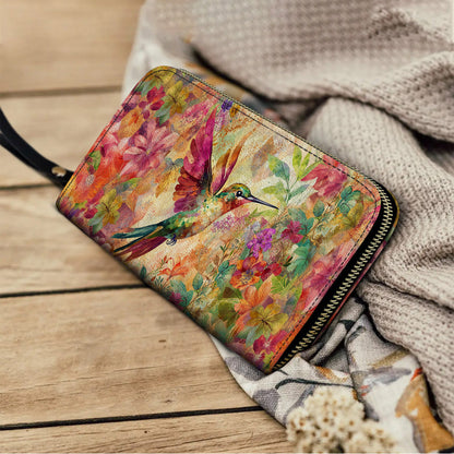  Leather Clutch Purse With Wristlet Strap Handle Hummingbird Bliss
