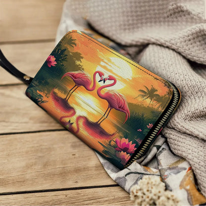  Leather Clutch Purse With Wristlet Strap Handle Flamingo Sunset Love