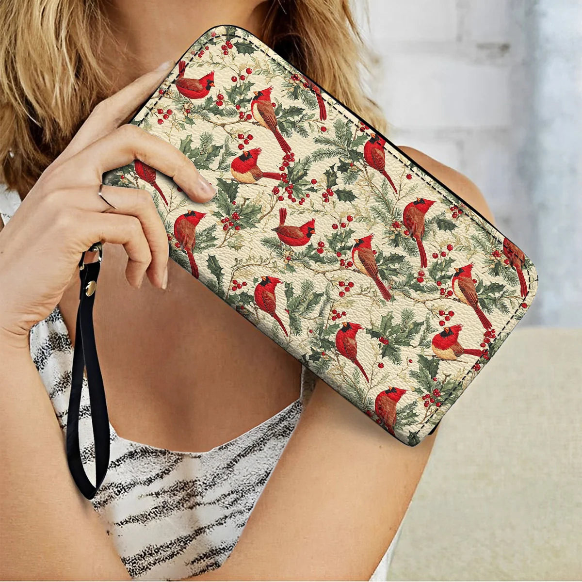  Leather Clutch Purse With Wristlet Strap Handle Winter Cardinal Harmony