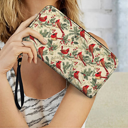  Leather Clutch Purse With Wristlet Strap Handle Winter Cardinal Harmony