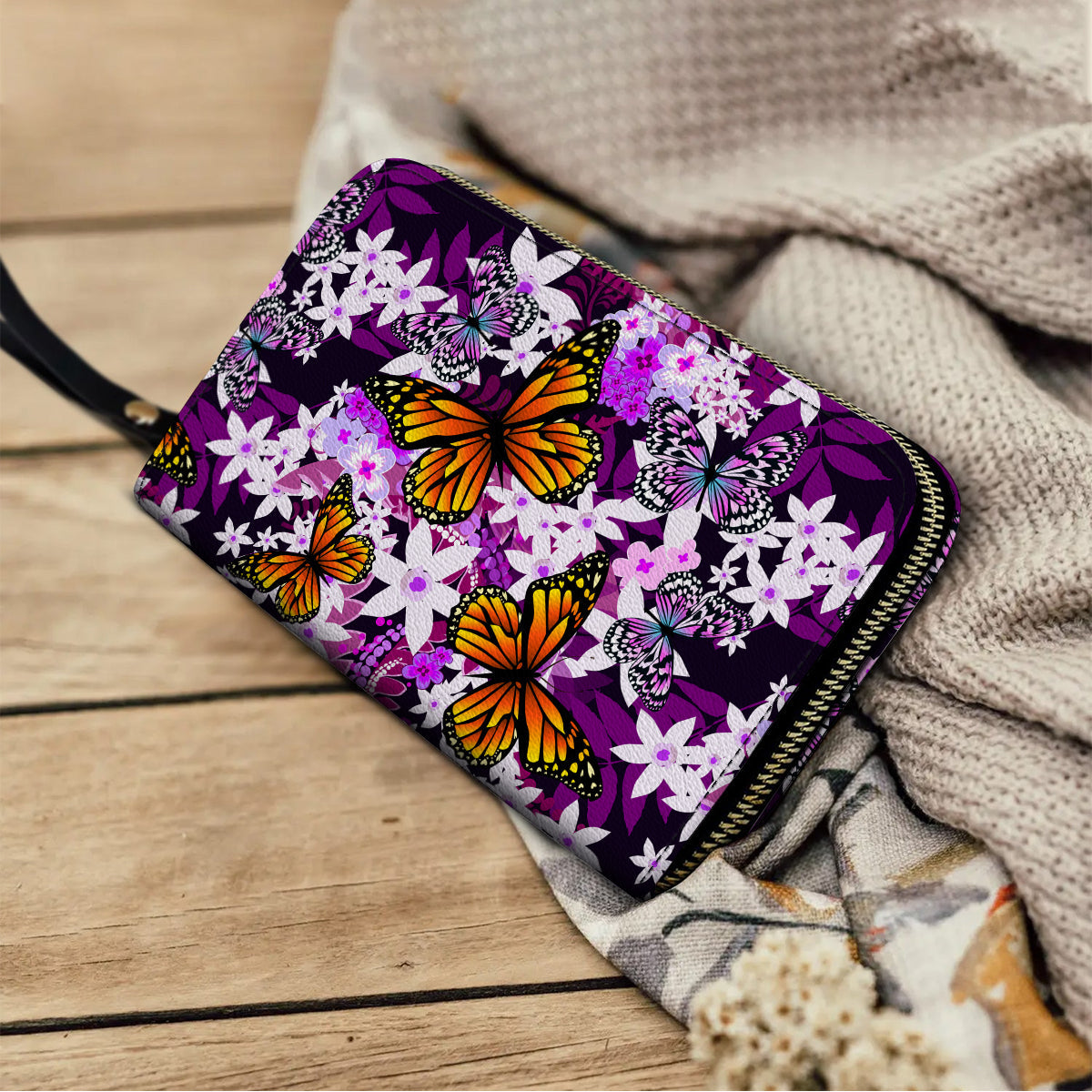  Leather Clutch Purse With Wristlet Strap Handle Monarch And Milkweed