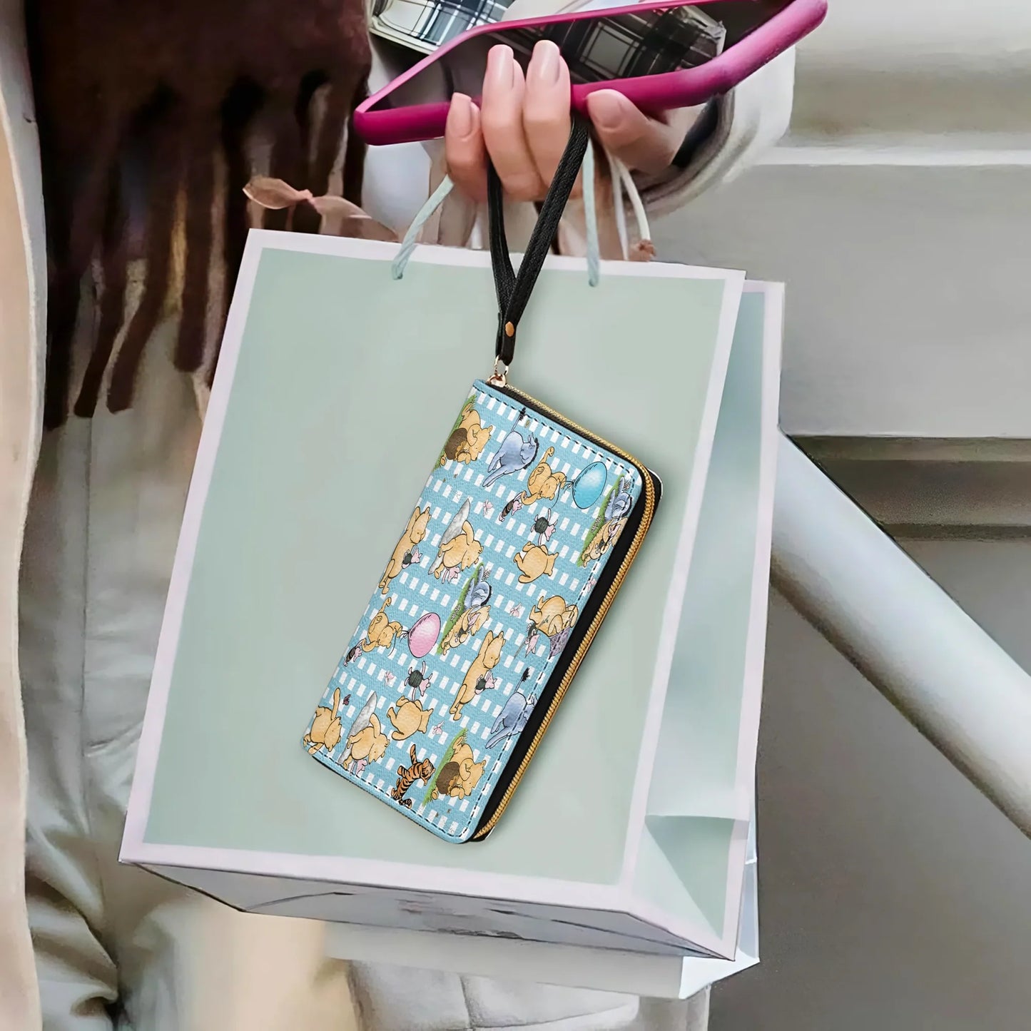  Leather Clutch Purse With Wristlet Strap Handle Winnie the Pooh Picnic