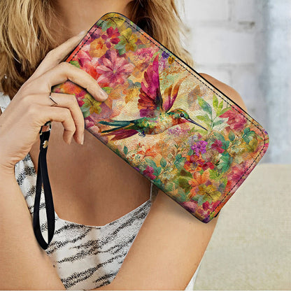  Leather Clutch Purse With Wristlet Strap Handle Hummingbird Bliss