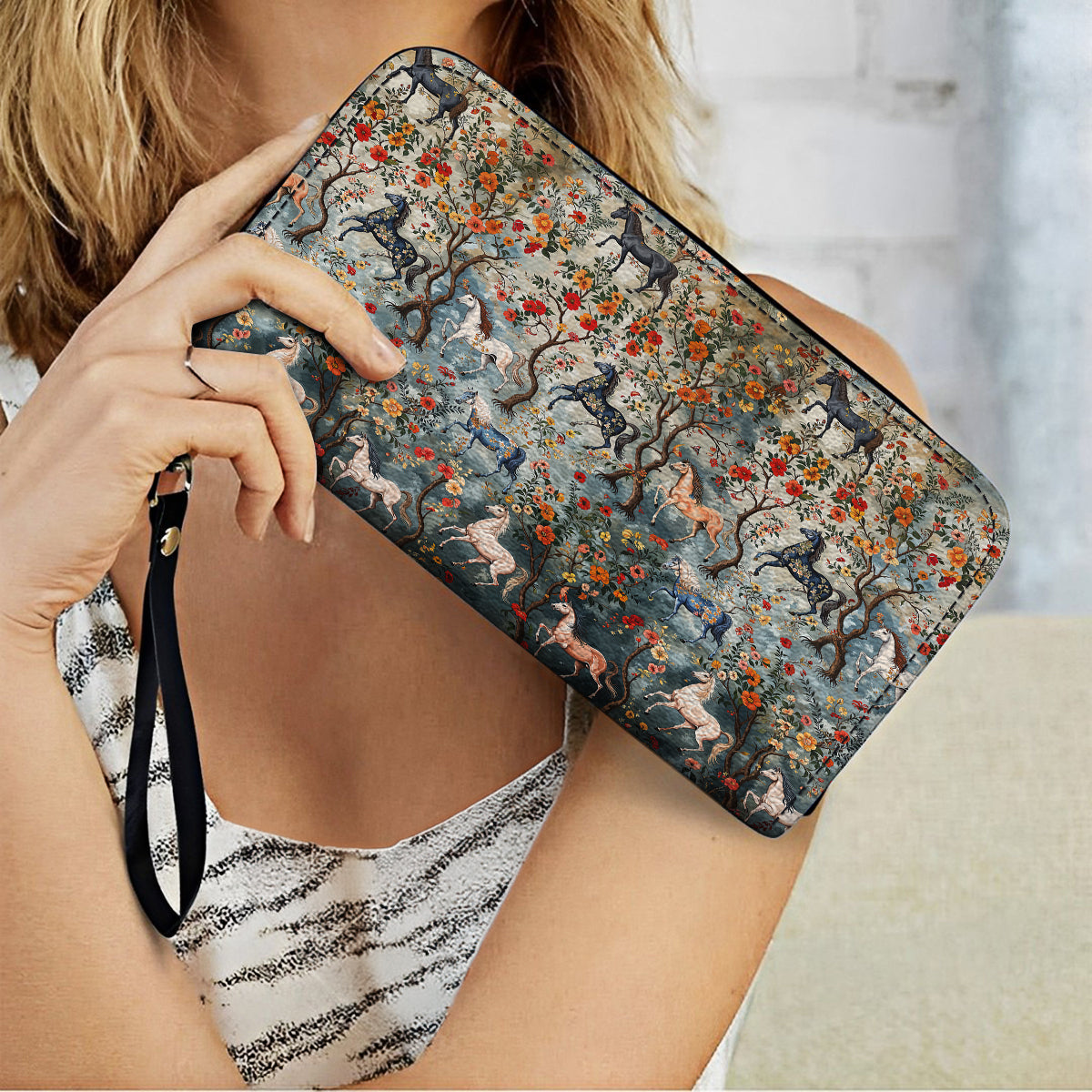  Mystical Steeds Leather Clutch Purse With Wristlet Strap Handle