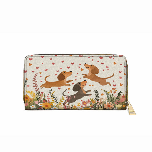  Leather Clutch Purse With Wristlet Strap Handle Floral Dachshund With Heart