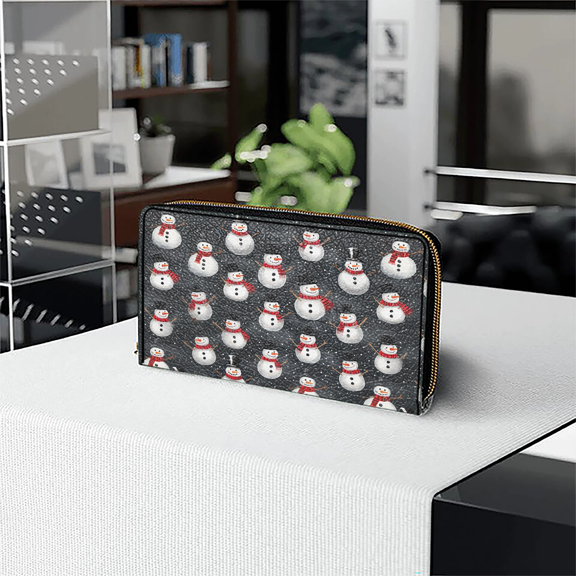  Leather Clutch Purse With Wristlet Strap Handle Christmas Snowman Gathering