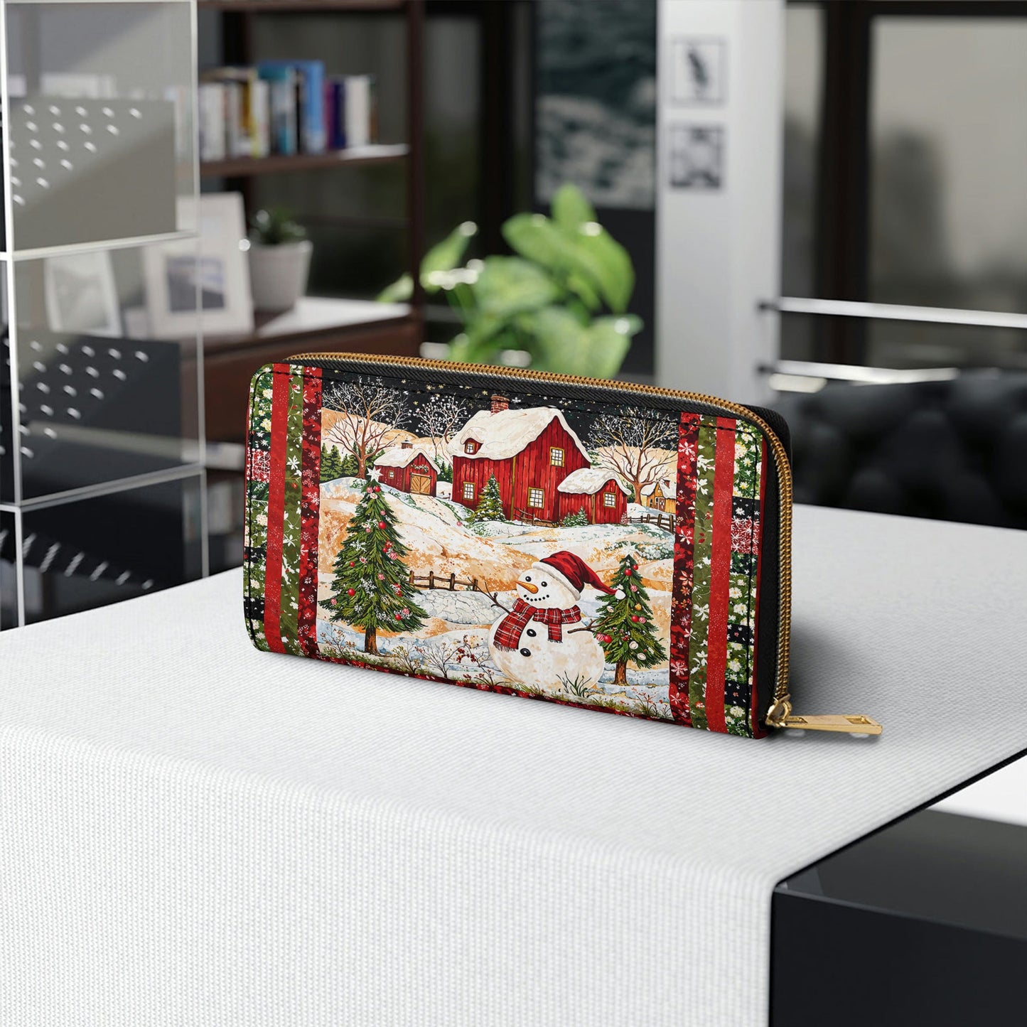  Leather Clutch Purse With Wristlet Strap Handle Snowman's Christmas Dream