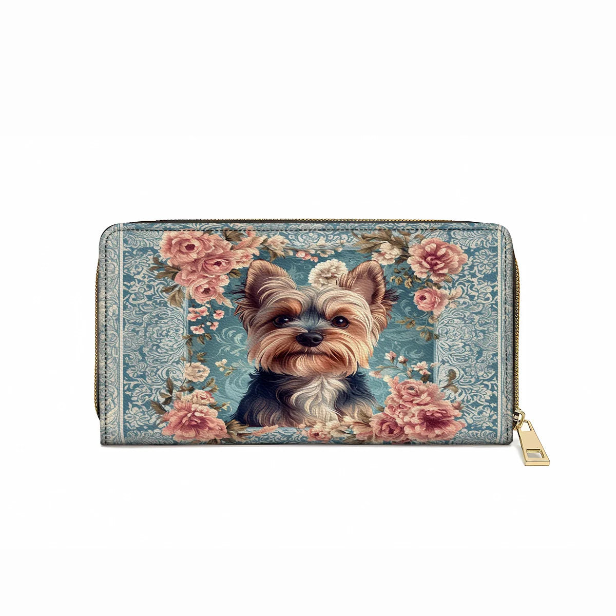  Leather Clutch Purse With Wristlet Strap Handle Yorkie Rose Bloom Elegance
