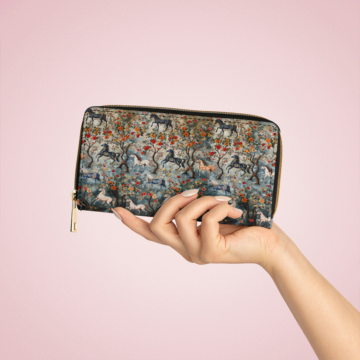  Mystical Steeds Leather Clutch Purse With Wristlet Strap Handle