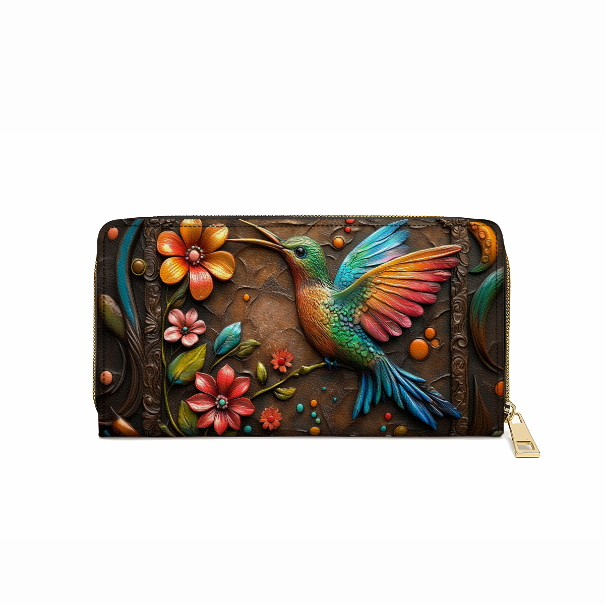  Leather Clutch Purse With Wristlet Strap Handle Hummingbird And Flower