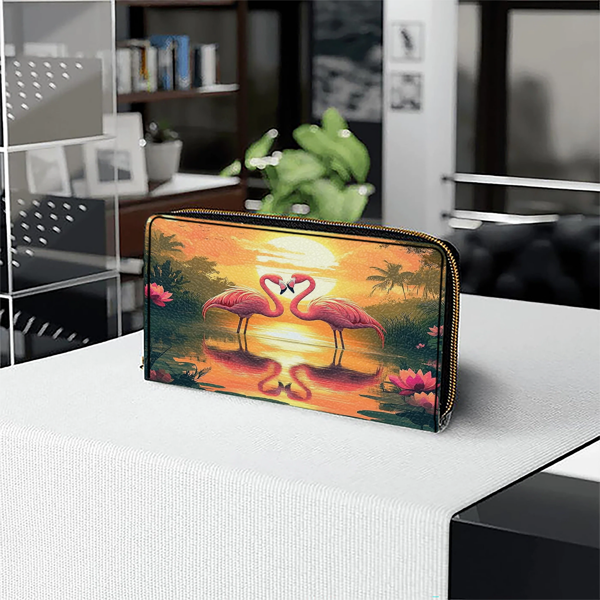  Leather Clutch Purse With Wristlet Strap Handle Flamingo Sunset Love