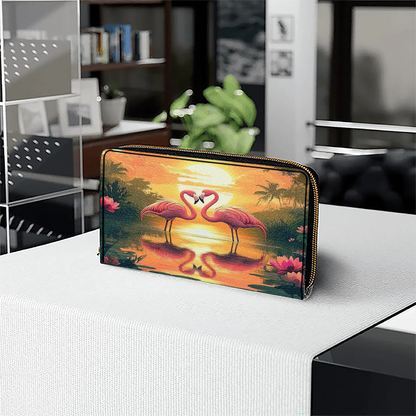  Leather Clutch Purse With Wristlet Strap Handle Flamingo Sunset Love