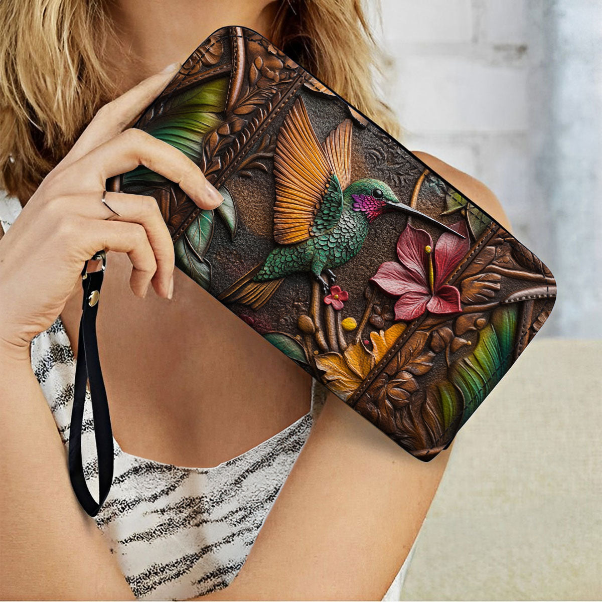  Leather Clutch Purse With Wristlet Strap Handle Embossed Hummingbird