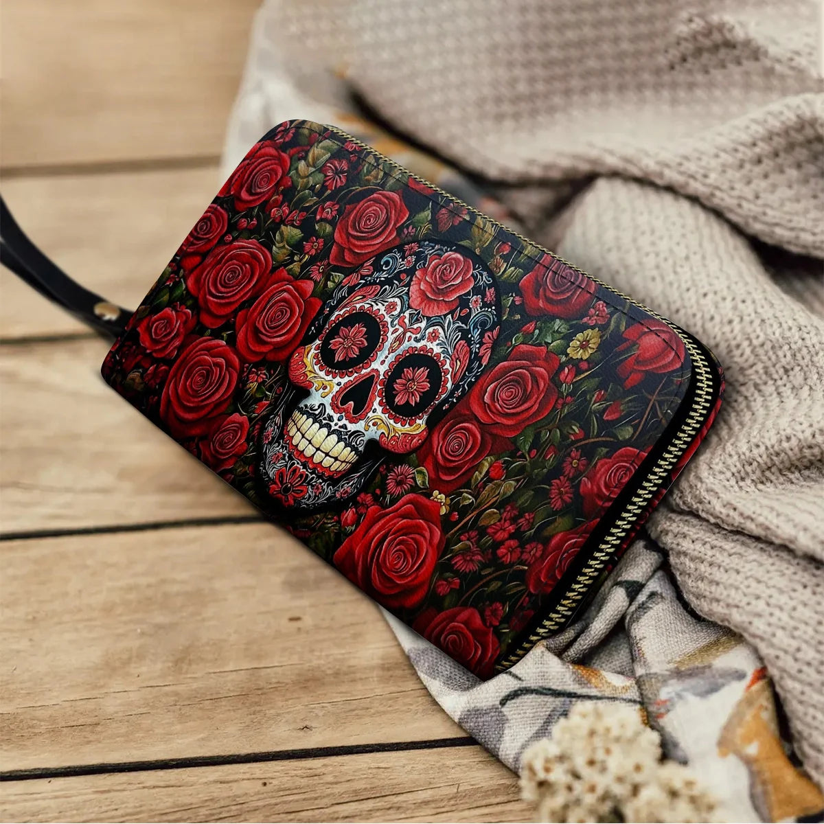  Leather Clutch Purse With Wristlet Strap Handle Roses & Sugar Skull Elegance