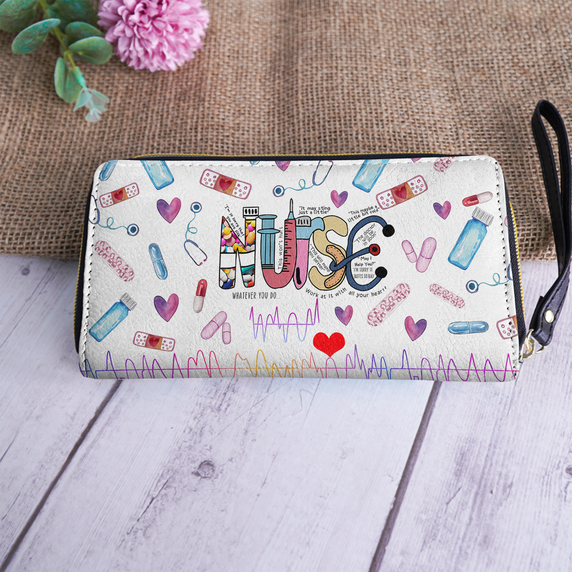  Leather Clutch Purse With Wristlet Strap Handle Nurse Colorful