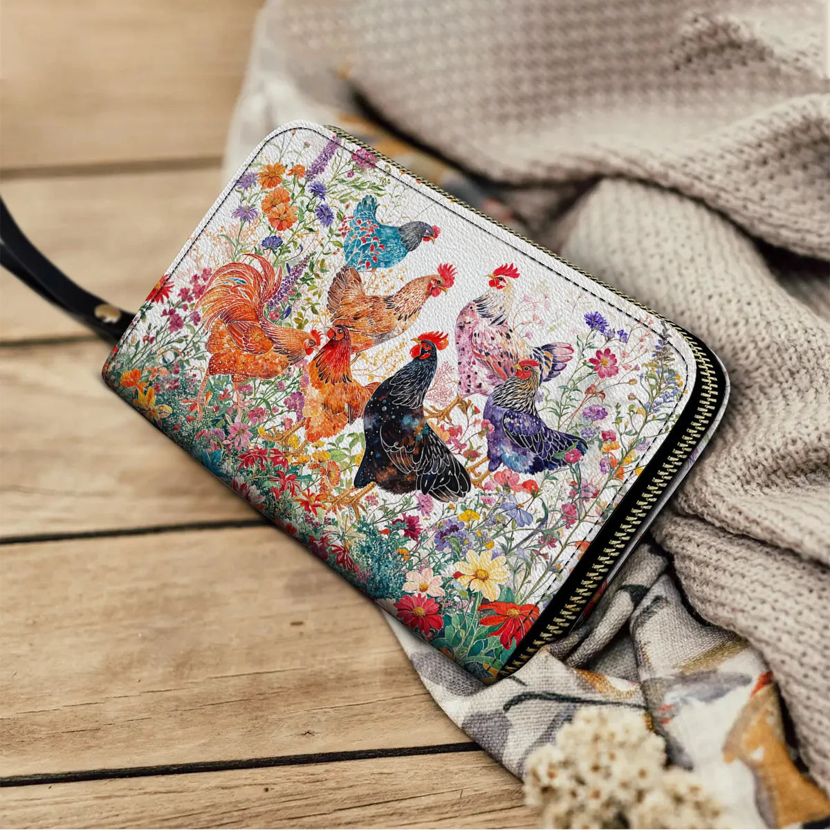  Leather Clutch Purse With Wristlet Strap Handle Chicken Rooster Garden Bliss