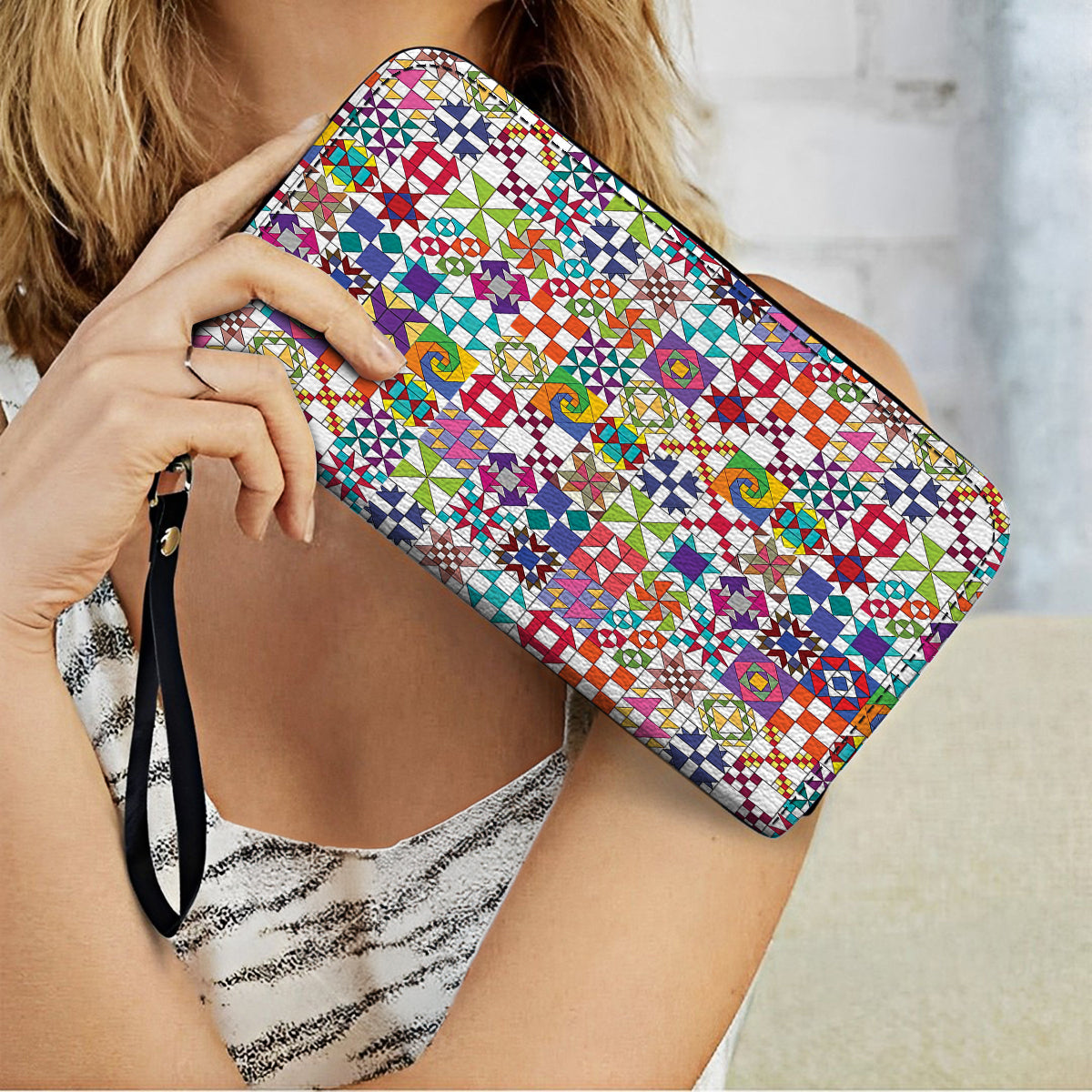  Leather Clutch Purse With Wristlet Strap Handle Colorful Quilting Blocks
