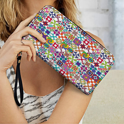  Leather Clutch Purse With Wristlet Strap Handle Colorful Quilting Blocks