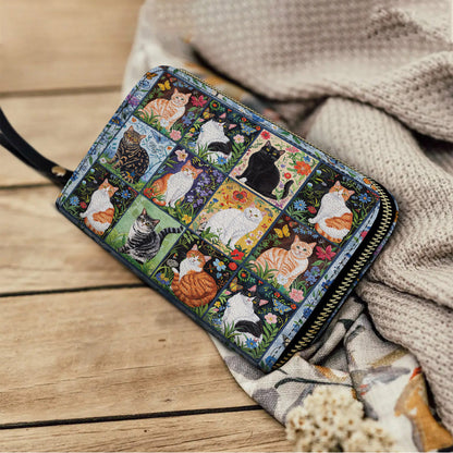  Leather Clutch Purse With Wristlet Strap Handle Cat Floral Felines