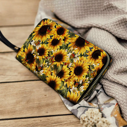  Leather Clutch Purse With Wristlet Strap Handle Gorgeous Sunflower