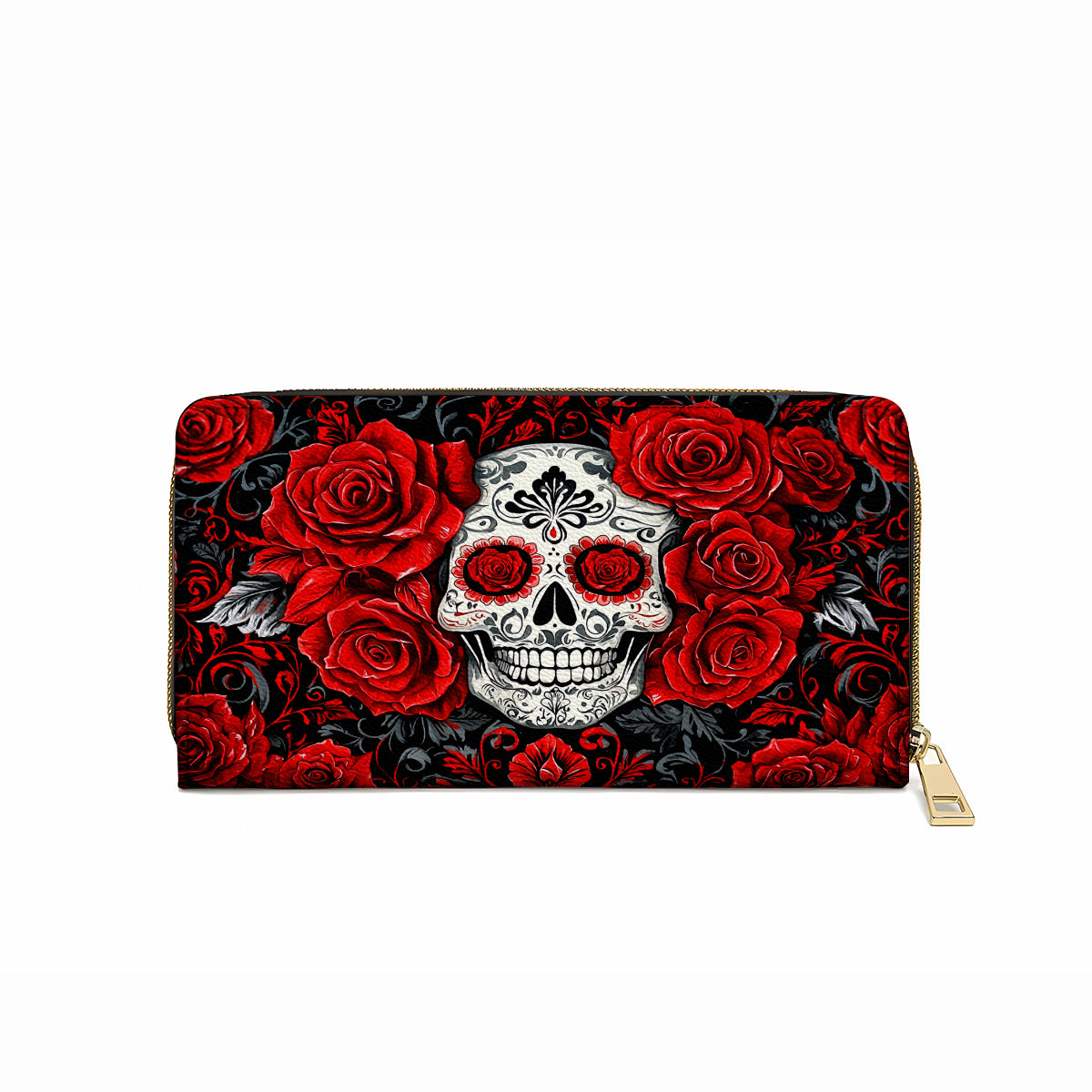  Leather Clutch Purse With Wristlet Strap Handle Elegant Red Roses Skull