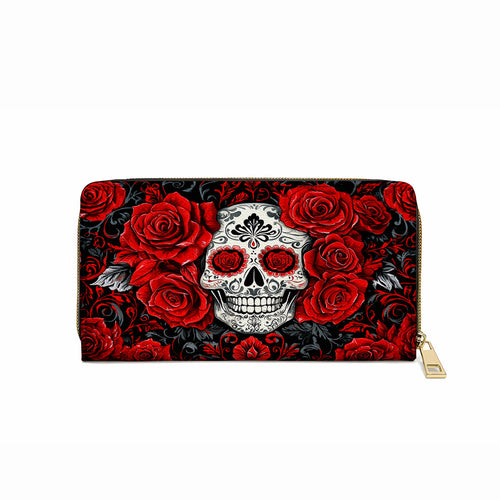  Leather Clutch Purse With Wristlet Strap Handle Elegant Red Roses Skull