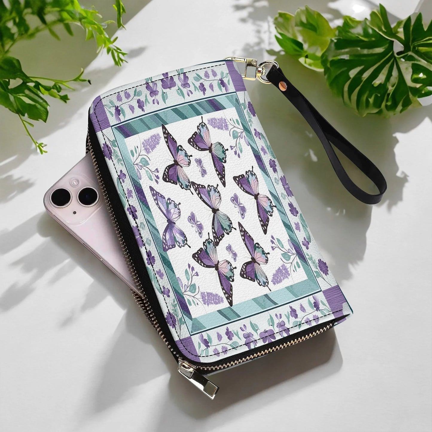  Leather Clutch Purse With Wristlet Strap Handle Purple Butterfly & Floral